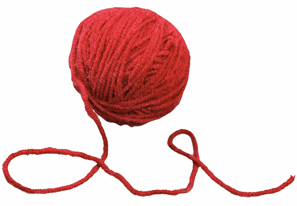Rotes Wollknäuel mit losem Faden auf transparentem Hintergrund.