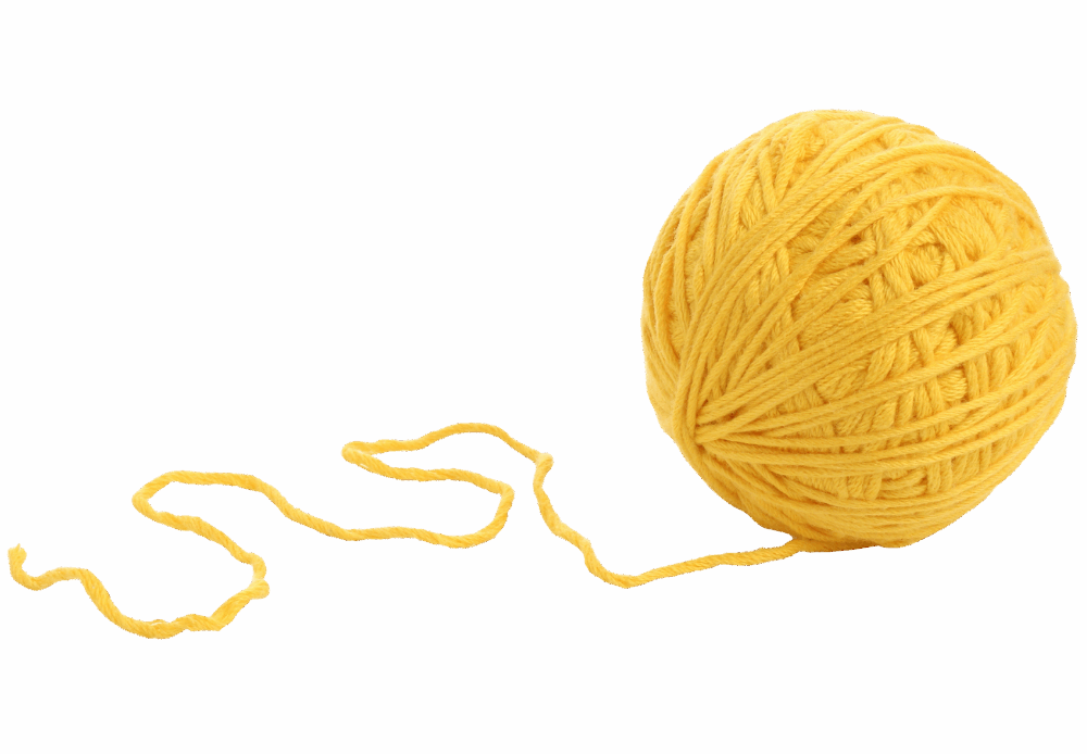 Gelbes Wollknäuel mit losem Faden auf transparentem Hintergrund.